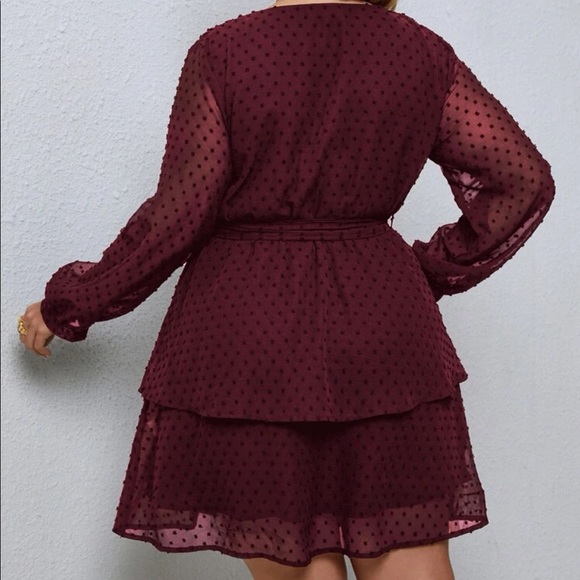 Blue plus size bishop sleeve ruffle hem belted mini dress - Picture 8 of 16